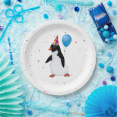 Pinguïn met blauw ballon, Bord op jaarpapier (Feest)