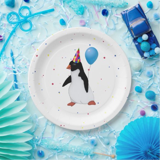 Pinguïn met blauw ballon, Bord op jaarpapier (Feest)