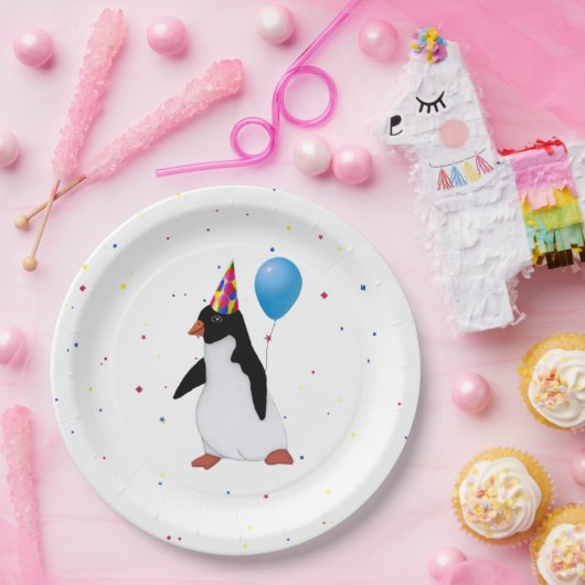 Pinguïn met blauw ballon, Bord op jaarpapier (Feest)