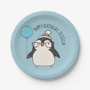 Pinguïn met blauwe ballon gepersonaliseerd papieren bordje