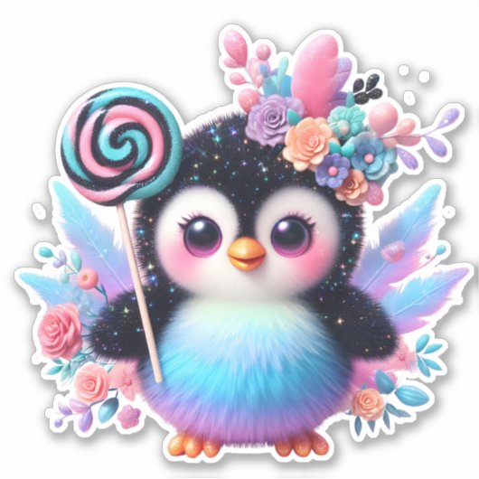 Pinguïn met bloemenmand sticker (Voorkant)