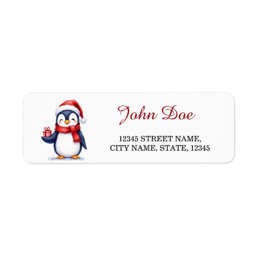 Pinguïn met cadeaudoos Kerst Retouradres Etiket (Voorkant)