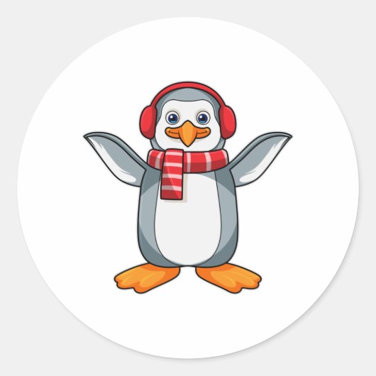 Pinguïn met carf en hoofdtelefoon ronde sticker (Voorkant)