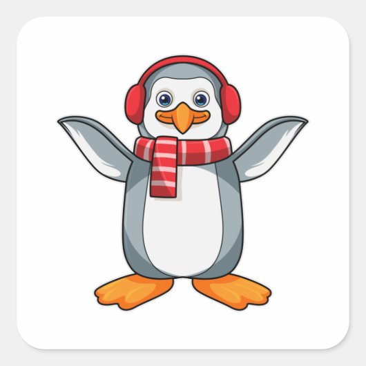 Pinguïn met carf en hoofdtelefoon vierkante sticker (Voorkant)
