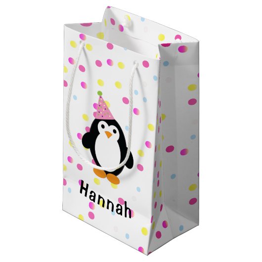 Pinguïn met Confetti achtergrond Klein Cadeauzakje (Voorkant Gekanteld)