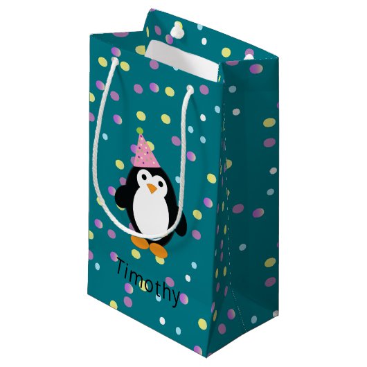 Pinguïn met Confetti achtergrond Klein Cadeauzakje (Voorkant Gekanteld)