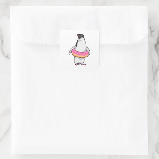 Pinguïn met Donut Vierkante Sticker (Tas)