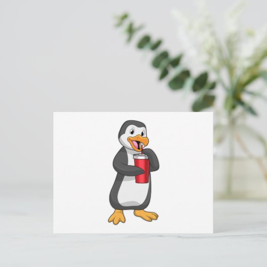 Pinguïn met drinkbeker met rietje briefkaart (Staand voorkant)