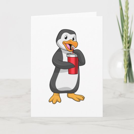 Pinguïn met drinkbeker met rietje kaart (Voorkant)