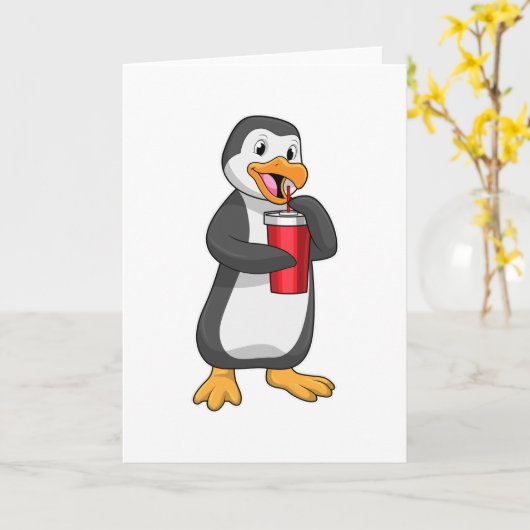 Pinguïn met drinkbeker met rietje kaart (Gele Bloem)