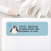 Pinguïn met een ballon met een geldig vakantieadre etiket (Insitu)