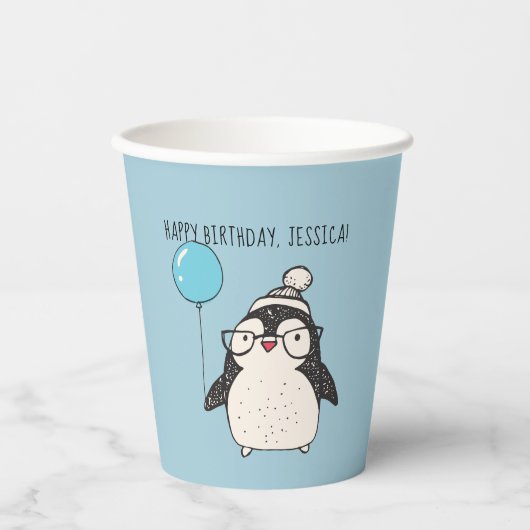 Pinguïn met een ballon, speciaal gepersonaliseerd papieren bekers (Voorkant)