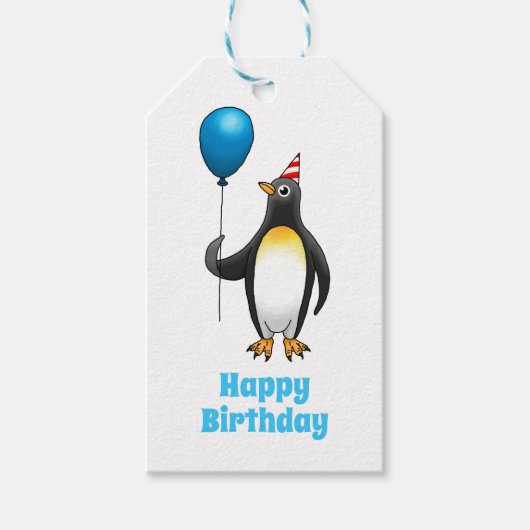 Pinguïn met een blauwe ballon en party pet cadeaulabel (Voorkant)