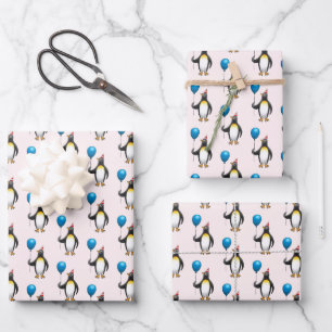 Pinguïn met een blauwe ballon inpakpapier vel