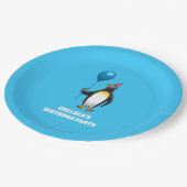 Pinguïn met een blauwe ballon papieren bordje (Gekanteld)