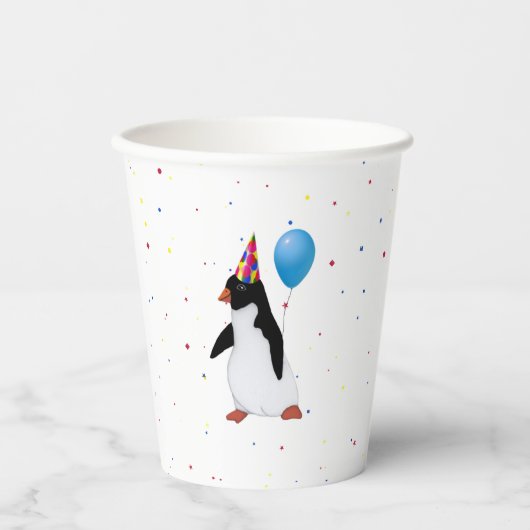 Pinguïn met een blauwe ballonvaardag papieren bekers (Voorkant)