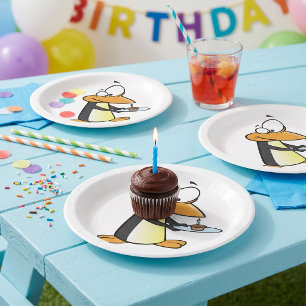 Pinguïn Met Een Cupcake Grappige Dieren Papieren B Bordje