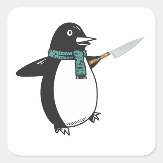 Pinguïn met een mes T-shirt Vierkante Sticker (Voorkant)