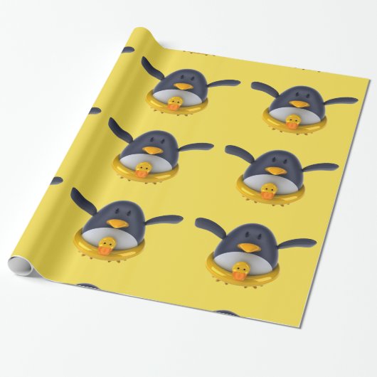 Pinguïn met een rubber dop glanzend omslagpapier cadeaupapier (Uitgerold)