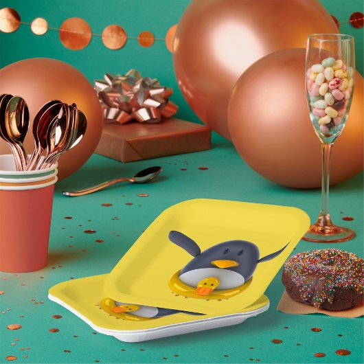 Pinguïn met een rubberen eendenpapier Borden Papieren Bordje