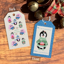 Pinguïn met Figgy Pudding Kerst Blauw Gift Tag Cadeaulabel