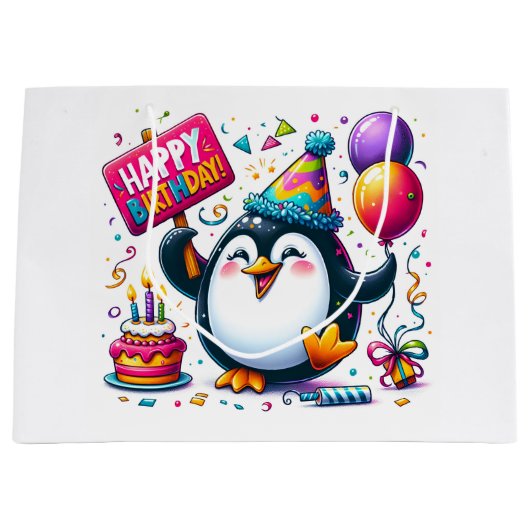 Pinguïn met "Happy Birthday"-teken van Natasha Us Groot Cadeauzakje (Voorkant)