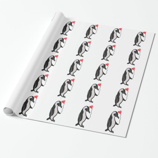 Pinguïn met Heart Ballon Pattern Wrapping Paper Cadeaupapier (Uitgerold)