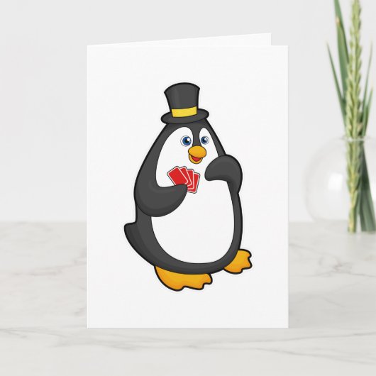 Pinguïn met hoed speelt poker met pokerkaarten kaart (Voorkant)
