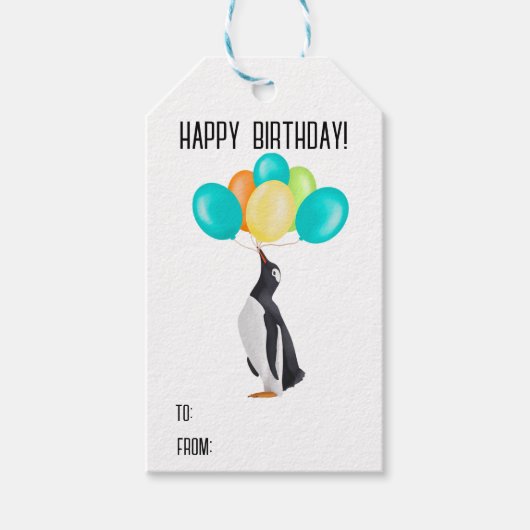Pinguïn met kleurrijke ballonnen cadeaulabel (Voorkant)