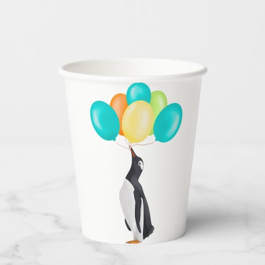 Pinguïn met kleurrijke ballonnen papieren bekers (Achterkant)