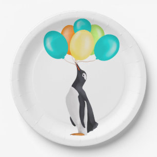 Pinguïn met kleurrijke ballonnen papieren bordje
