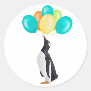 Pinguïn met kleurrijke ballonnen ronde sticker
