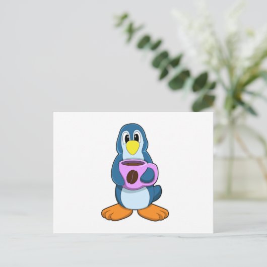 Pinguïn met kopje koffie briefkaart (Staand voorkant)