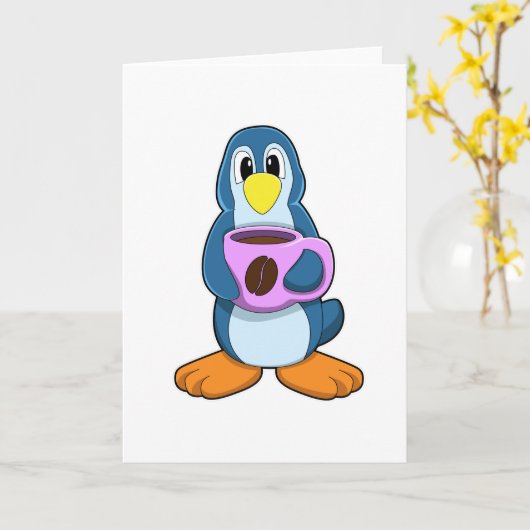 Pinguïn met kopje koffie kaart (Gele Bloem)