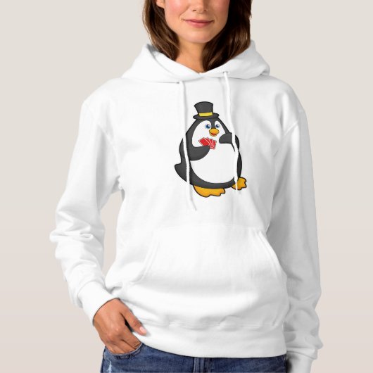 Pinguïn met Pet in Poker met Poker-kaarten Hoodie (Voorkant)