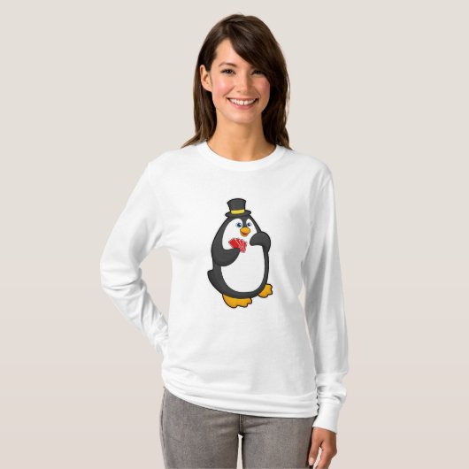 Pinguïn met Pet in Poker met Poker-kaarten T-shirt (Voorkant volledig)