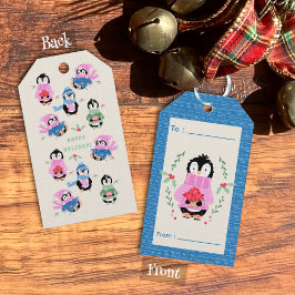 Pinguïn met Poinsettia Pot Blauwe Kerstcadeaukaart Cadeaulabel