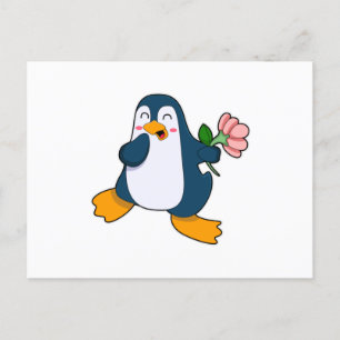 Pinguïn met roos bloem briefkaart