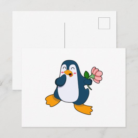 Pinguïn met roos bloem briefkaart (Voorkant / Achterkant)