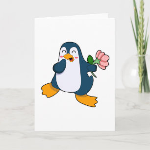 Pinguïn met roos Bloem Kaart