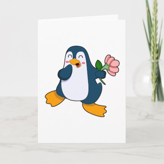 Pinguïn met roos bloem kaart (Voorkant)