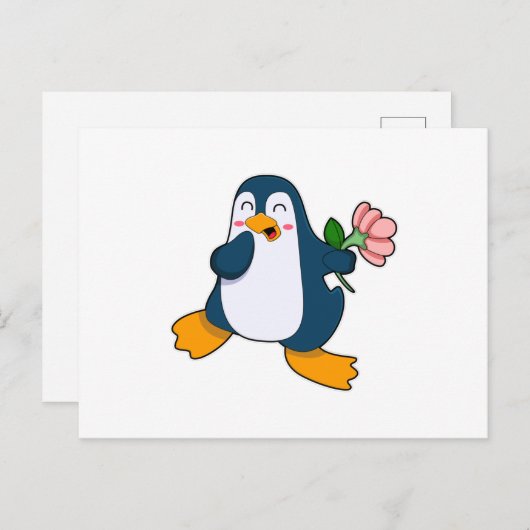 Pinguïn met roos bloemen briefkaart (Voorkant / Achterkant)