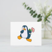Pinguïn met Rosa Bloem Briefkaart (Staand voorkant)