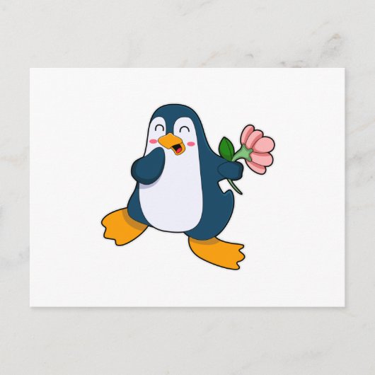 Pinguïn met Rosa Bloem Briefkaart (Voorkant)