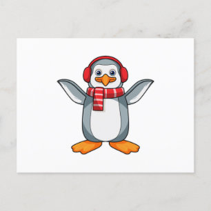 Pinguïn met sjaal en hoofdtelefoon briefkaart