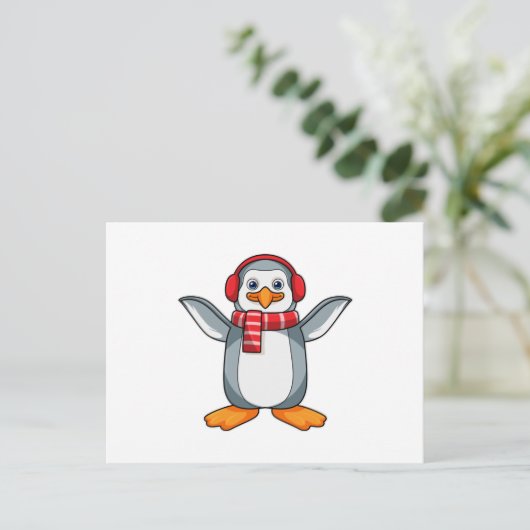 Pinguïn met sjaal en koptelefoon briefkaart (Staand voorkant)