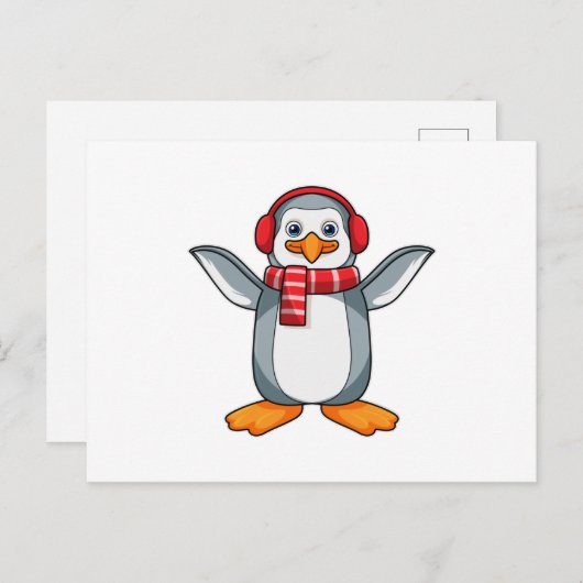 Pinguïn met sjaal en koptelefoon briefkaart (Voorkant / Achterkant)