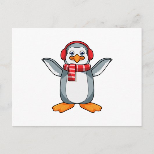 Pinguïn met sjaal en koptelefoon briefkaart (Voorkant)
