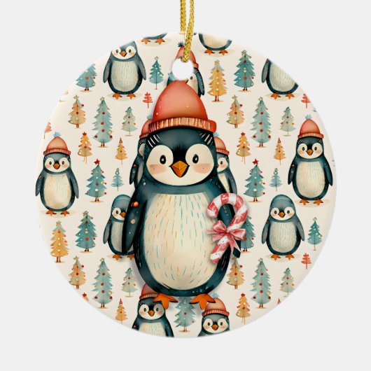 pinguïn met snoepjes kerst keramisch ornament (Voorkant)