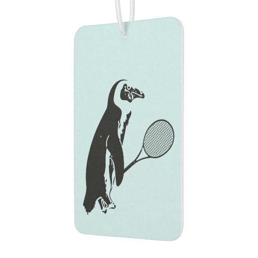 Pinguïn met tennisracket en blauwe achtergrond luchtverfrisser (Links)